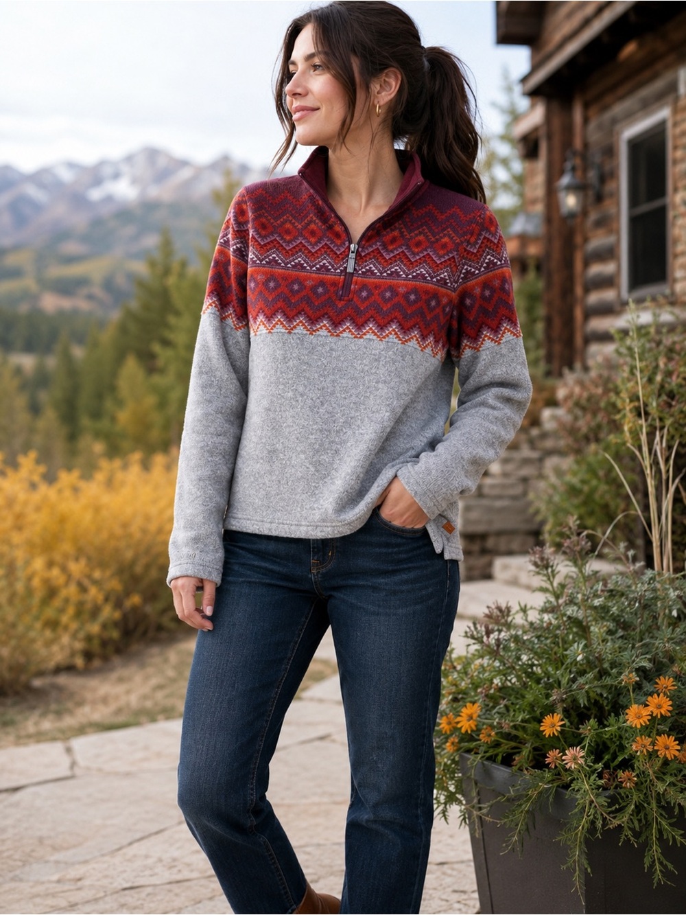 Orvis Gray Tribal Print Fair Isle Pullover 1/4 Zip Sweater Jacket Women’s XS